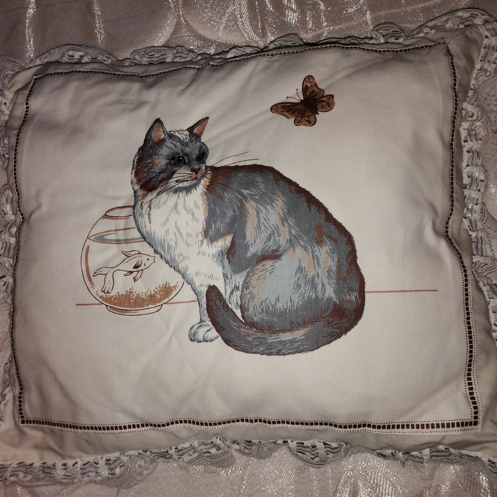 Grey Cat ,Butterfly And Goldfish In The Bowl Pillow
